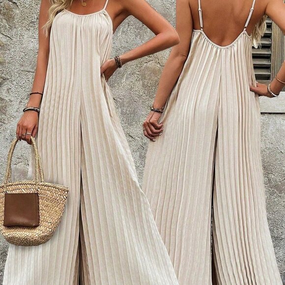 Pants - Apricot Casual Women's Solid Color Spaghetti Strap Jumpsuit